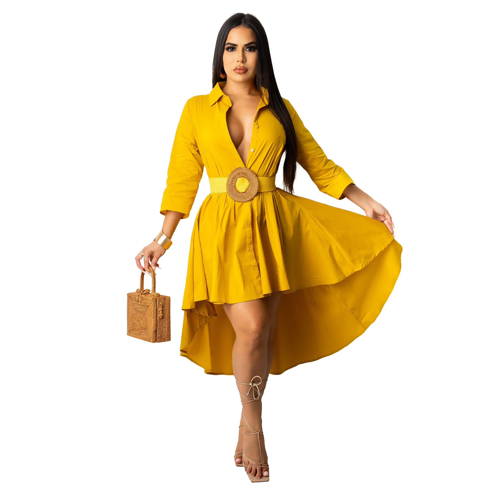 Autumn Winter Irregular Asymmetric Half Sleeve Long Shirt Dress
