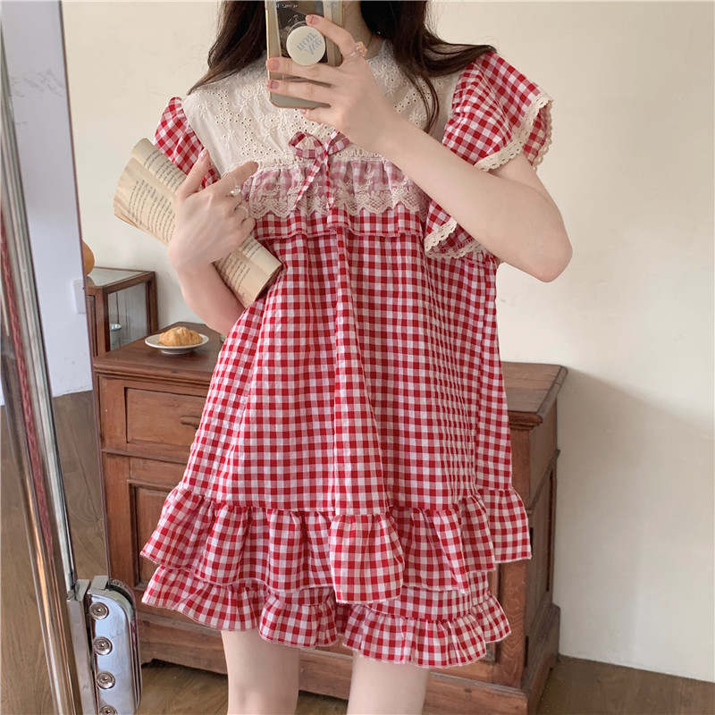 Verano ins Corea del Sur comercio exterior de las mujeres Plaid encaje dulce princesa bordado pesado encaje Home wear traje camisón