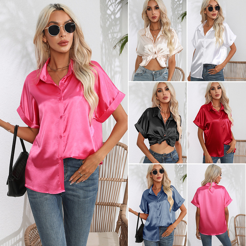 Popular Real Shot Roll-Sleeved Satin Shirt Women's Satin Imitation Silk Short-Sleeved Shirt New European and American Export Cross-Border Women's Clothing Popular Real Shot Roll-Sleeved Satin Shirt Women's Satin Imitation Silk Short-Sleeved Shirt New European and American Export Cross-Border Women's Clothing
