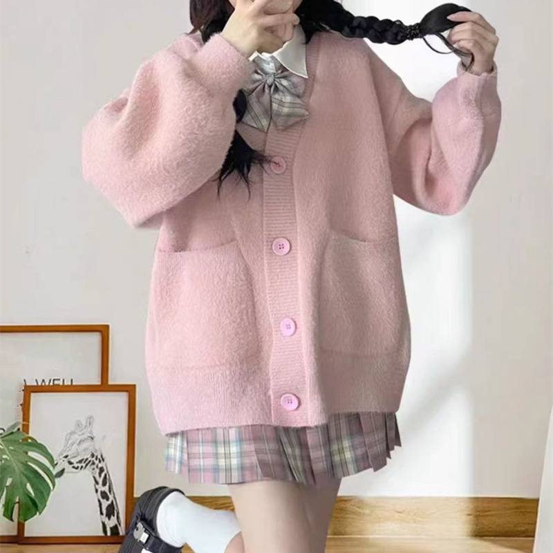 学院风软糯仿水貂绒v领毛衣外套女秋冬新款宽松外穿纯色针织开衫|undefined