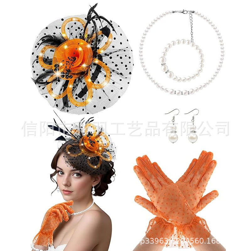 European and American vintage bridal hair accessories, feather headpiece, beaded floral mesh headband, gloves, necklace, dress accessories