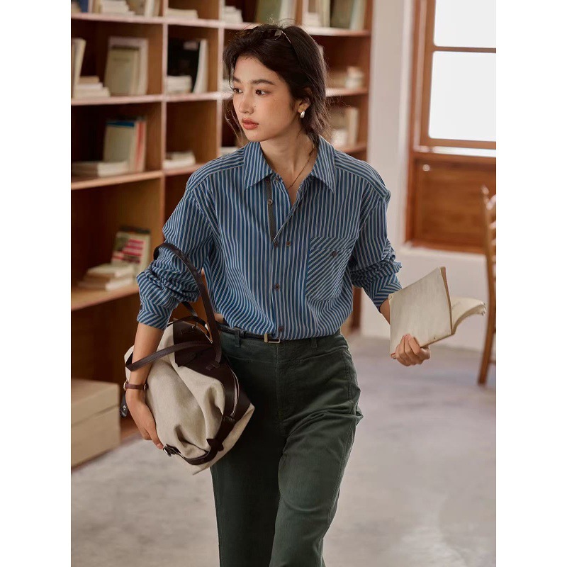solighter 法式复古条纹长袖衬衫女宽松磨毛衬衣