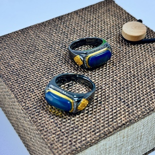 7*15mm Dominican Lamper Seiko Inlaid S925 Silver Men's Ring Vacuum Electroplated Double Color Samurai Black