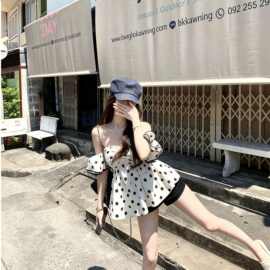 法式波点衬衫女春夏季气质荷叶边修身纯欲辣妹性感露肩一字肩上衣