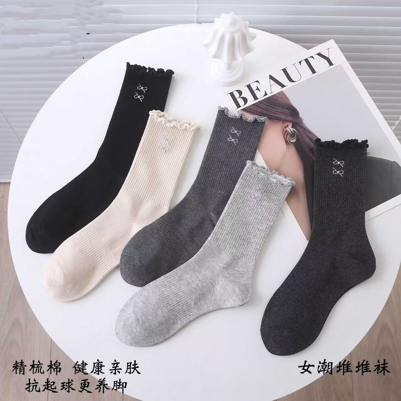 秋冬运动女士高筒堆堆棉袜木耳边卡通高级条纹潮款ins风小腿袜女|undefined