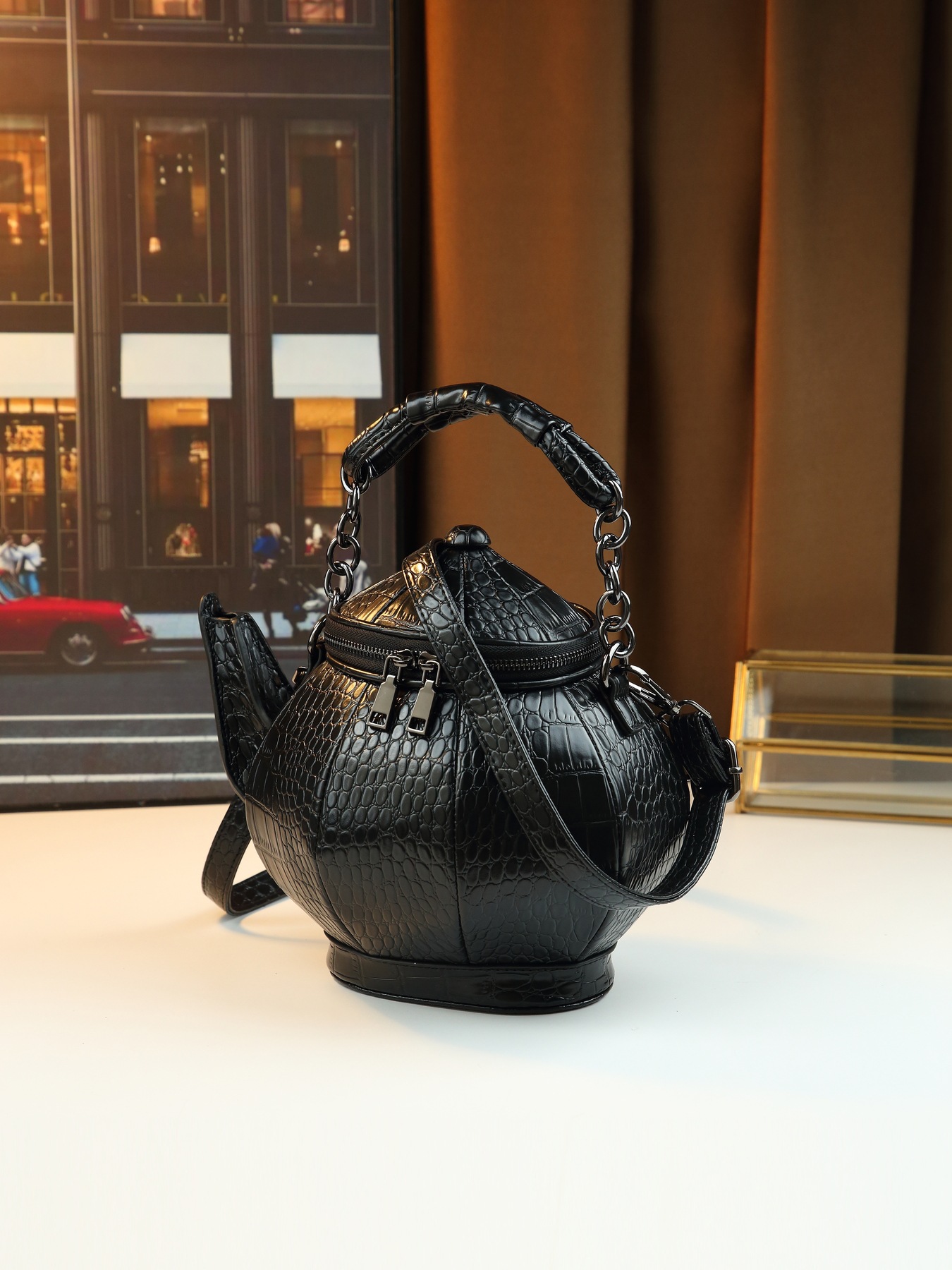 Quirky Crocodile Pattern Shoulder Bag Novelty Teapot Shaped Handbag_voghion.com