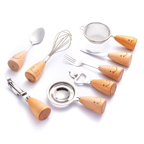 Cross-border Amazon cute smiling face wooden handle stainless steel tableware 8-piece set Western steak knife, fork and spoon set