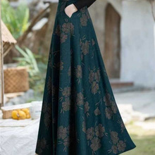 秋冬毛呢半身裙碎花高腰中长款女裙子口袋加深伞裙冬裙大摆裙长裙