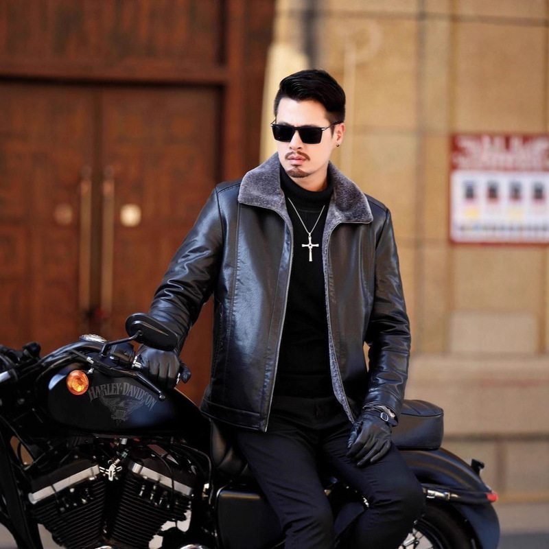 Men's Leather Jacket for Middle-Aged and Elderly, Haining Fur Winter Fleece Thickened Pu Leather Jacket, Men's Dad's Leather Coat