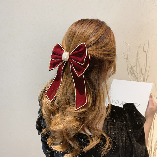 2pcs black wine Velvet bow hairpin female back head rhinestone big bow head ornament ponytail hair ornament