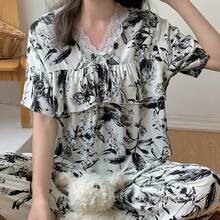防凸点棉绸睡衣女士夏季薄款夏天短袖长裤人造欲荷叶边套装家居服