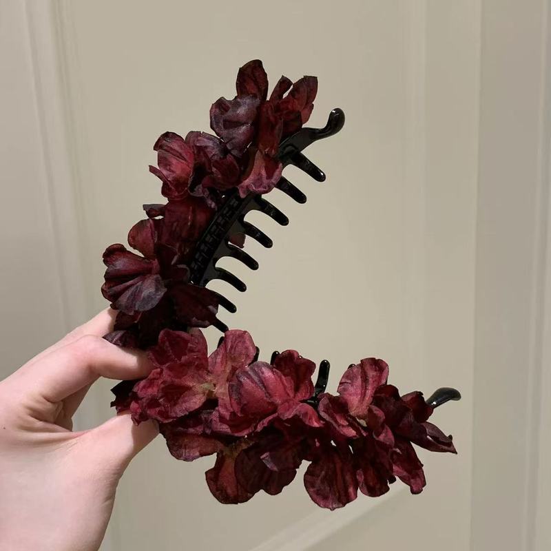 灼灼其华~气质红色花朵香蕉夹发夹女新娘发饰头花盘发马尾抓夹|undefined