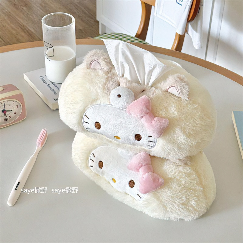 Cute kitty cream yellow plush tissue box for home use in the living room, bathroom, or car