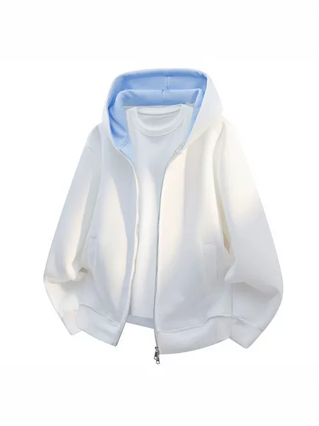 Two-tone hooded cardigan sweatshirt for men, spring and autumn style, loose casual sports jacket, solid color versatile jacket top