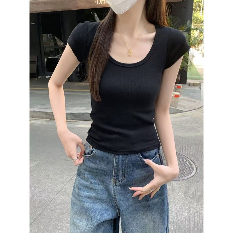 新款夏季韩版女装u领修身气质简约正肩设计感百搭短袖T恤上衣外贸|undefined