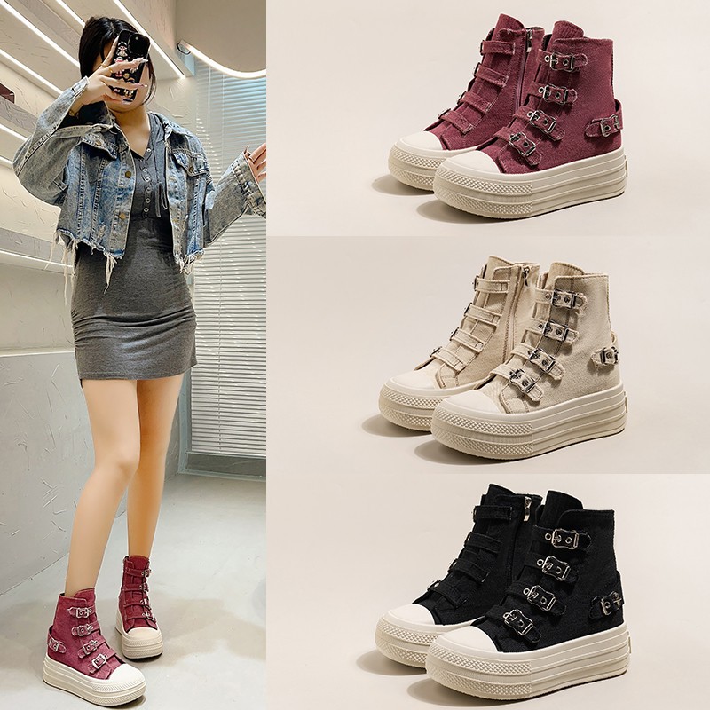 Fashion Korean-Style Thick-Soled Martin Boots with a Single Strap, Canvas Shoes for Women, Autumn Retro Simple Casual Sneakers
