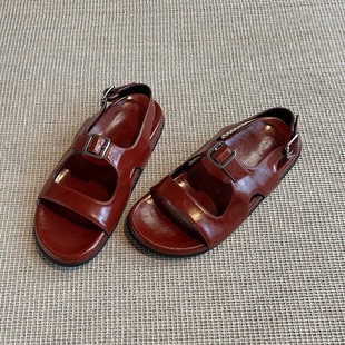 Cowhide Version ~ Retro Niche Belt Buckle Open Toe Thick-Soled Sandals for Women 2025 Summer Beach Flats Sandals