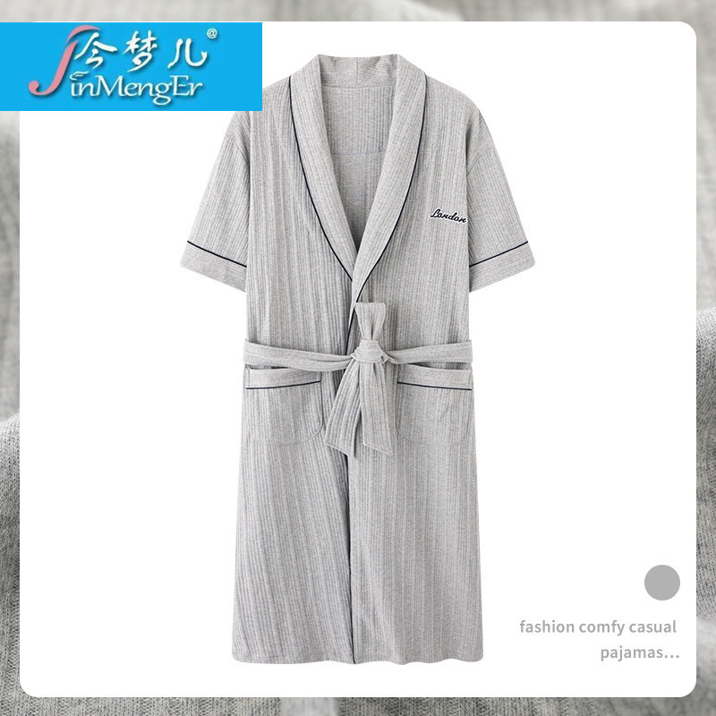 Cross-border thin cotton bathrobe nightgown men's summer short sleeve mid-length bathrobe plus size pajamas loose wide homewear