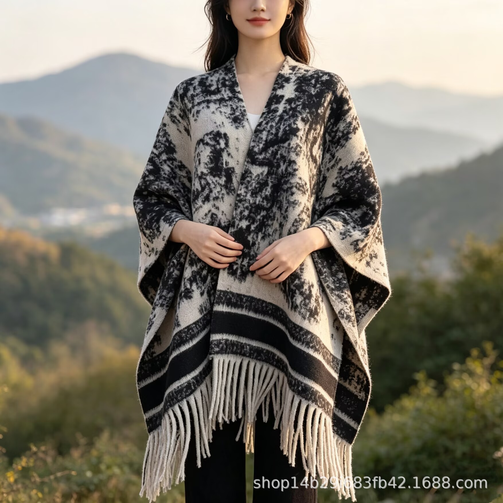 Thickened faux cashmere shawl for women, Chinese style ink painting design, versatile and warm for autumn and winter travel, scarf, cape, trendy