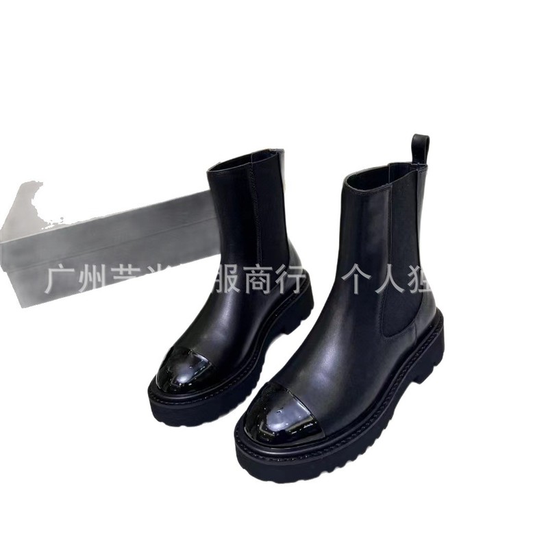 高版2025秋冬小香风真皮圆头拼色复古厚底套筒百搭切尔西靴短靴女|undefined