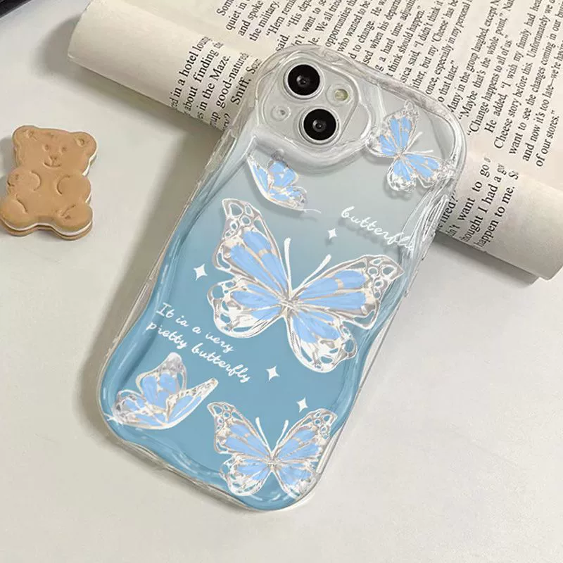 Чехол для iPhone (Apple) 7–15 Pro Max, голубая блестящая бабочка, прозрачный ТПУ