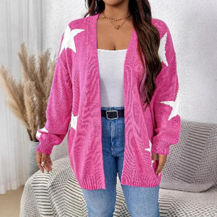 2025 New European and American Women's Large Size Five-Pointed Star Pattern Fashionable Knitted Mid-Length Cardigan Jacket