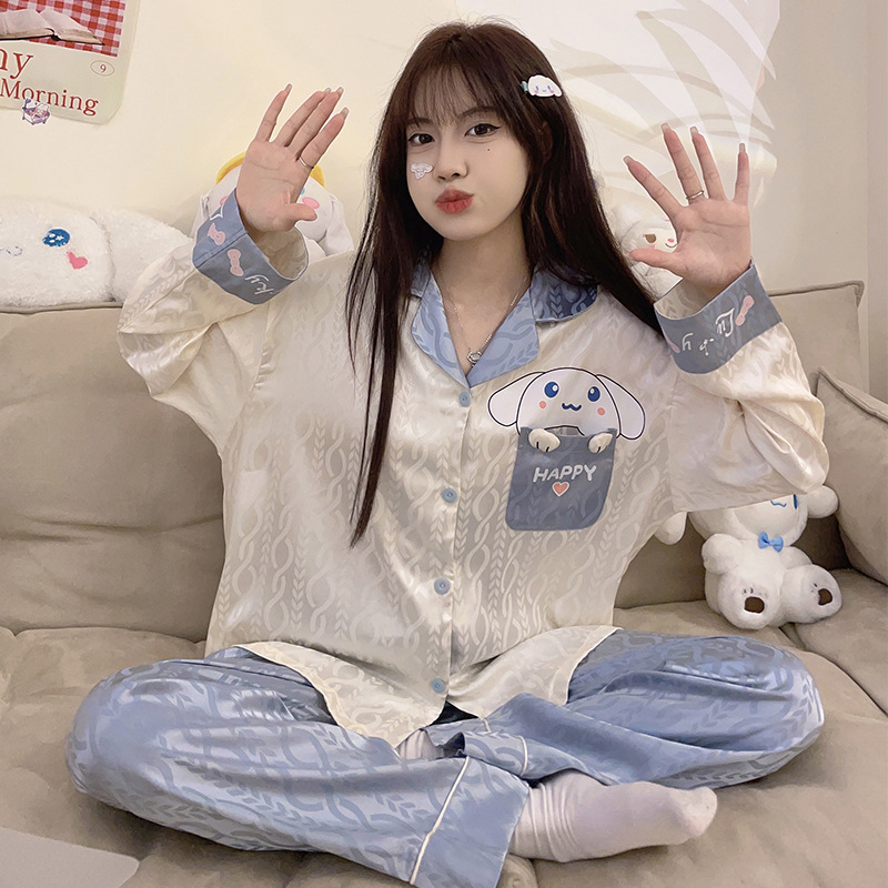 Estilo coreano ins Net estilo rojo pijamas de Seda Hielo Las Mujeres Otoño e Invierno manga larga dibujos animados lindo dulce chica desgaste del hogar traje