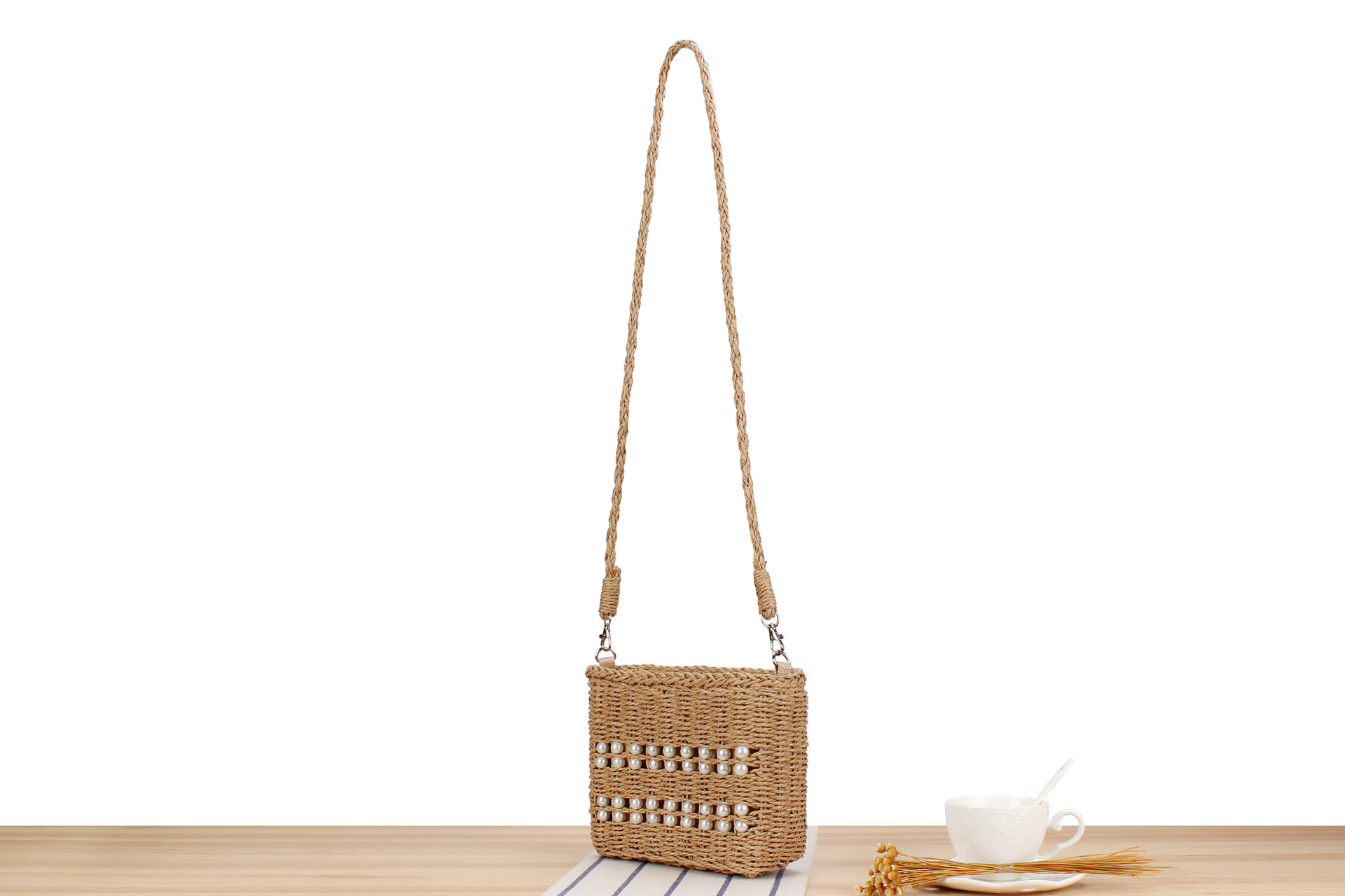 552g Weight Polyester Cotton Lining Material Pearls, Weave Fashion Element String Closure Type Single Shoulder Strap Strap Type Straw Bag Bags Type Holiday, Travel Occasion Paper string Material Solid Color Pattern Spring&Summer Season Women's Gender Vacation, Beach Style Medium Size Women's Vacation Beach Solid Color Paper String Shopping Bags 4