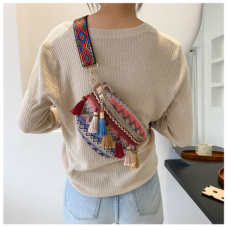 Venda quente pequeno peito perfumado tecido estilo étnico cor contrastante borla nova fita cintura bolsa crossbody tendência_voghion.com