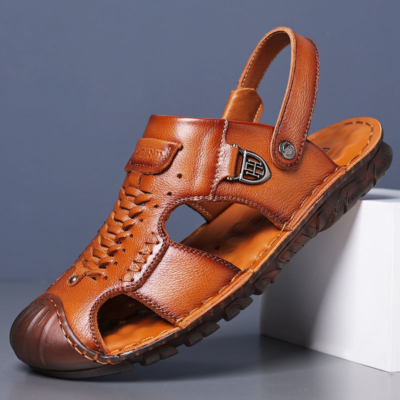Sandali da uomo estivi casual in vera pelle 2025 con punta chiusa e suola in gomma antiscivolo, scarpe da spiaggia in pelle bovina._voghion.com