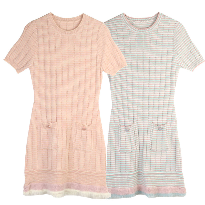Sweet Little Fairy Dress Women's Round Neck Short-Sleeved Dress Women's Slim and Versatile Autumn and Winter New Style Short-Sleeved Skirt