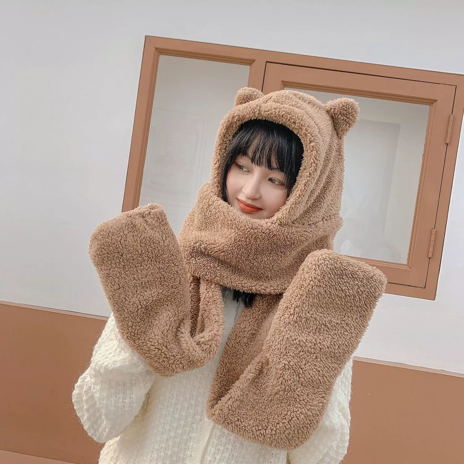 小熊围巾一体女手套护耳朵帽子女可爱帽子三件套加厚保暖双层防寒