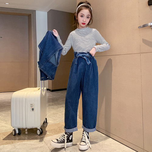 Ladycloset Spring Outfit 2024 New Children's Stylish Korean Version Girls' Junior Spring Denim Vest Pants Set of Three