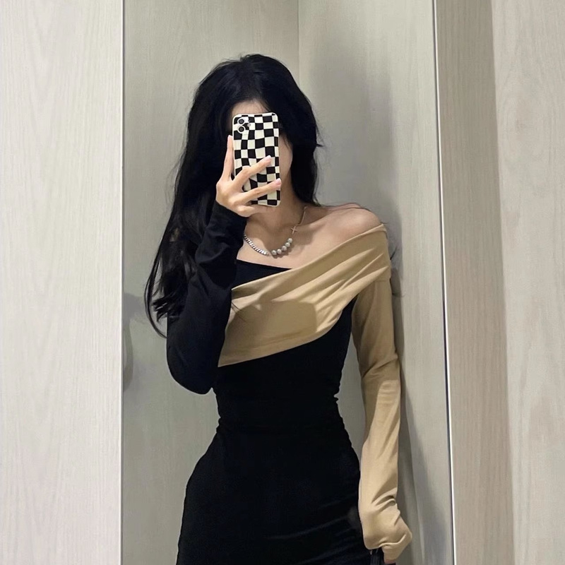 Autumn Sexy Elegant Contrasting Color Stitching One-Shoulder Long-Sleeved Dress New Year's Christmas Live Broadcast Clothes Female Anchor Dress