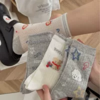 Весна и лето тонкая сетка дышащий мультфильм щенок милый японский удобный хлопок буквы серые корейские носки