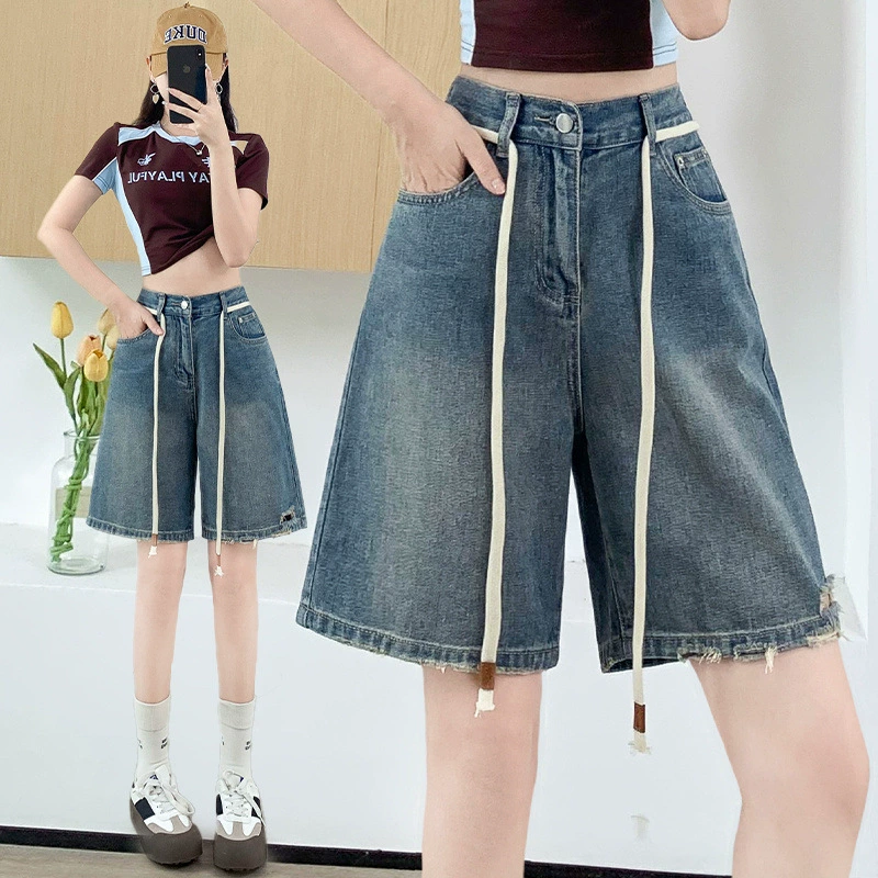 Джинсовые шорты с пятью очками женские свободные с высокой талией, прямые ноги, большие размеры, толстые мм