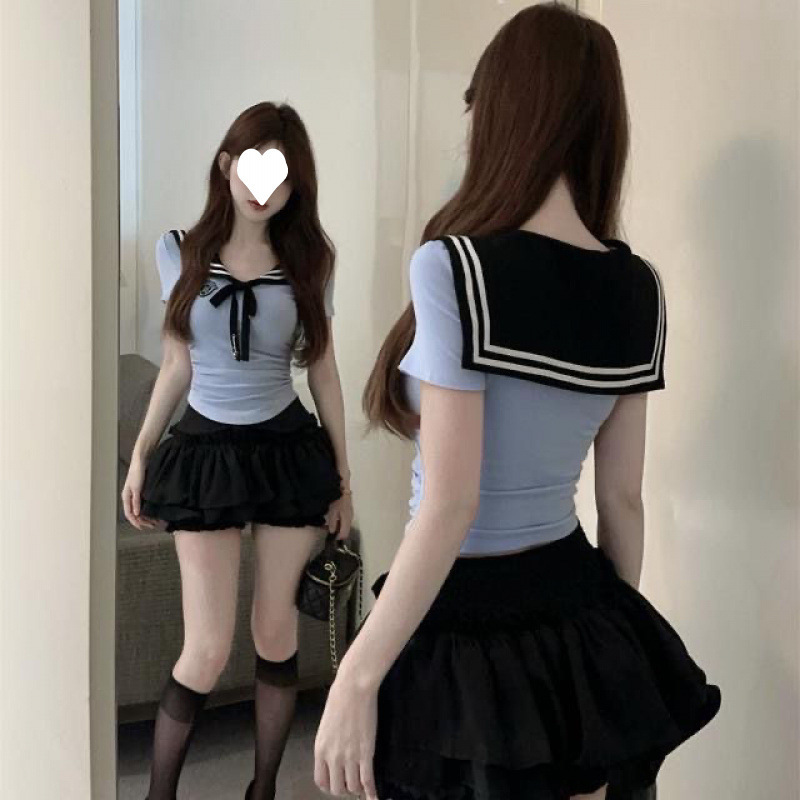 甘辛JK制服スーツ年齢軽減ネイビーカラースプライシングブルートップケーキスカート年齢軽減カレッジスタイル2点セット|undefined