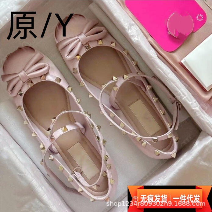 Pure original V-brand studded cross-strap ballet shoes with fairy bow, French-style flat Mary Jane princess shoes