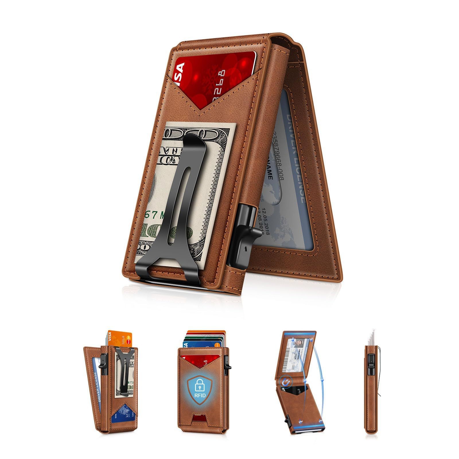Personalizado doble plegable lateral tapa de flip bolsas de tarjetas metálicas RFID cepillo antirrobo cartera de cuero cartera multifuncional corta para hombres