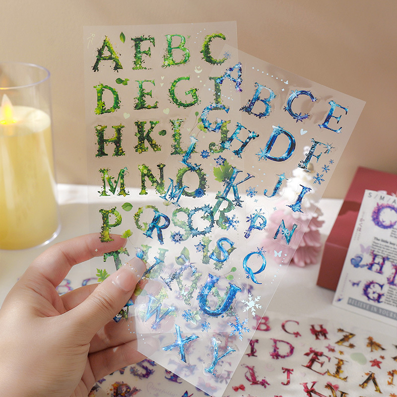 Caracteres pintados letras grandes transparentes pegatinas impermeables pet diy material de decoración de libros de mano pegatinas alfabéticas transfronterizas