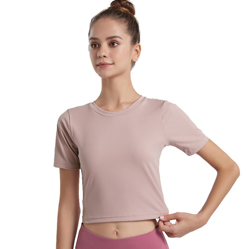 European and American new lulu nude sports short-sleeved T-shirt for women, stretch thin cross backless yoga fitness top