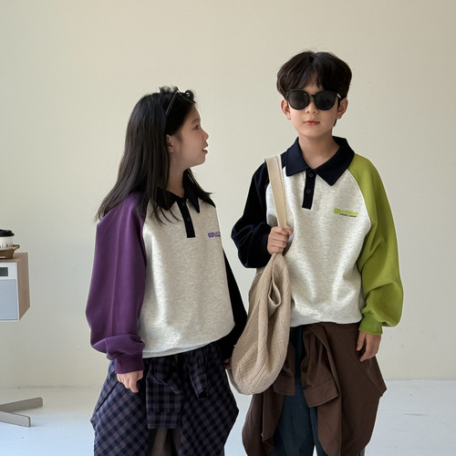 Children's 2025 Autumn Polo Shirt Collar POLO Sweatshirt Korean Style Collared Casual Loose Top for Boys and Girls