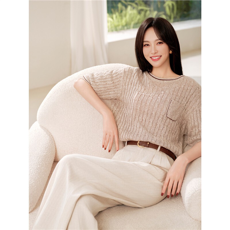 Y Ying Old Money Style Textured Linen Three-Quarter Sleeve Knit Sweater 26 Spring New Style 9549A Y Ying Old Money Style Textured Linen Three-Quarter Sleeve Knit Sweater 26 Spring New Style 9549A