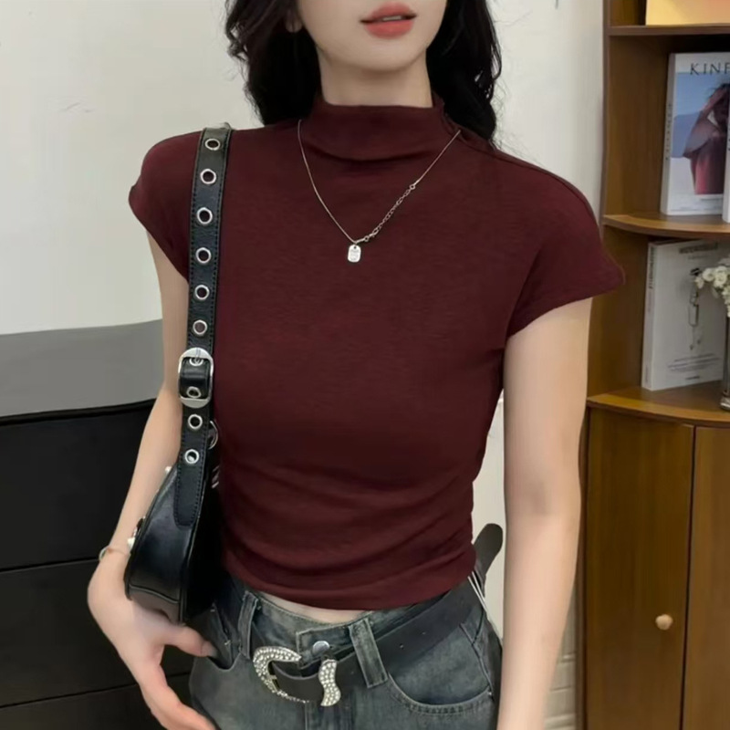 2025半高领短袖T恤女时尚纯色韩版显瘦早秋打底衫内搭女上衣显瘦|undefined