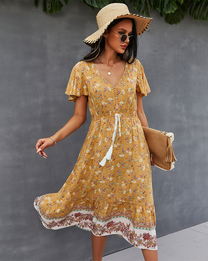 drawstring flower bohemian casual dress NSKA37622