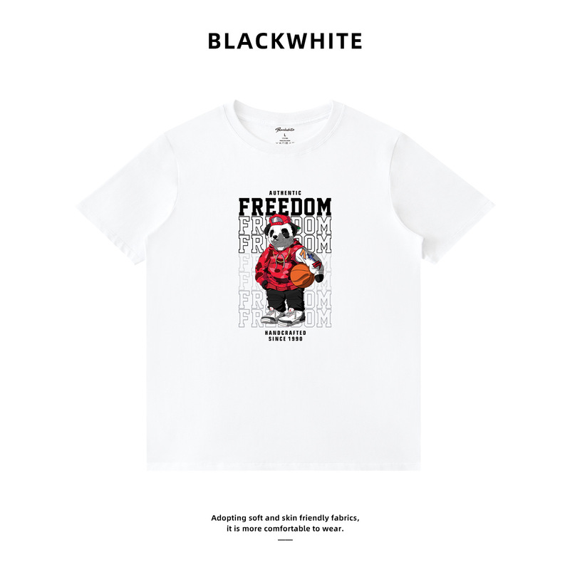 American Street Basketball Panda Print T-Shirt Summer Breathable Lazy Style Unisex Short-Sleeved Bottoming Shirt Q714