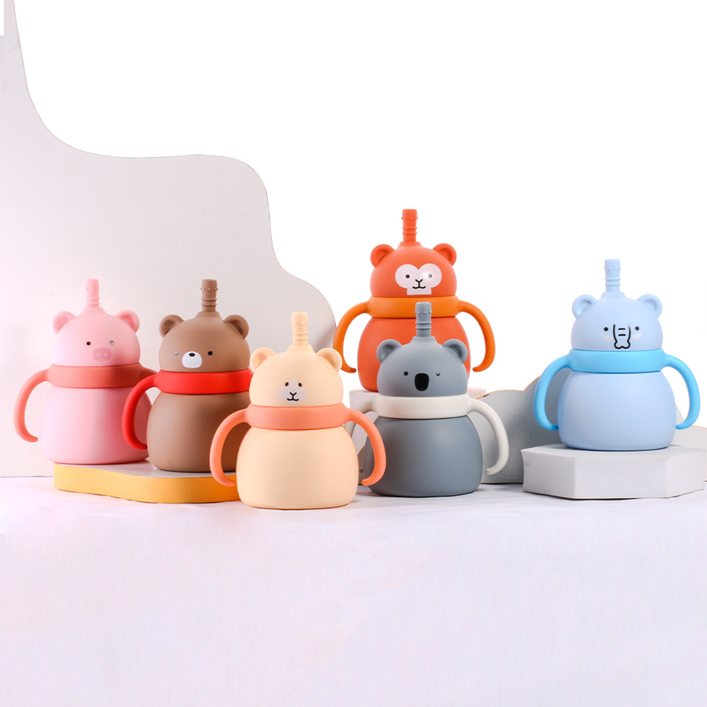 Vaso para agua, vaso con pajita, vaso para leche para niños, vaso de silicona anticaída para aprender a beber, vaso de dibujos animados de calidad alimentaria para bebés, vaso para aprender a beber