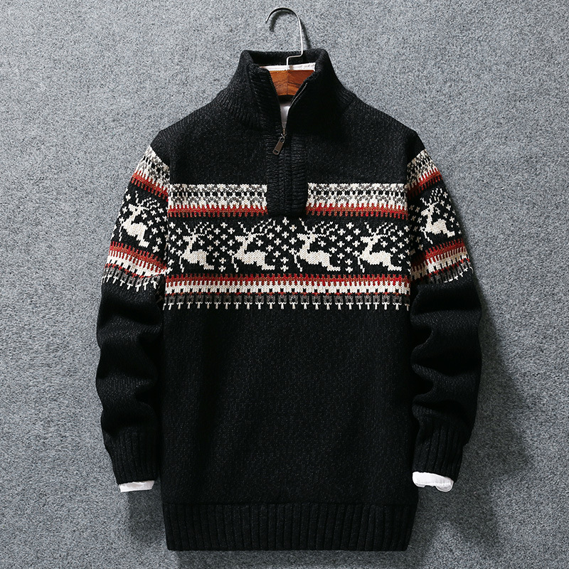 2026 Autumn/Winter Men's Zipper Half-Turtleneck Loose Fit Fleece-Lined Thick Knit Sweater Casual Knitwear