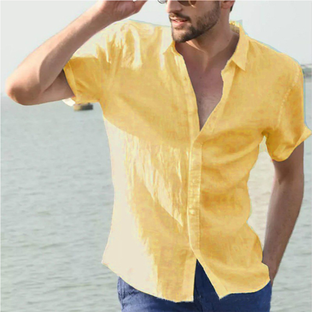 Comercio exterior transfronterizo 2023 Verano nuevos hombres de algodón y lino de color sólido cardigan suelta manga corta simple camisa casual al por mayor