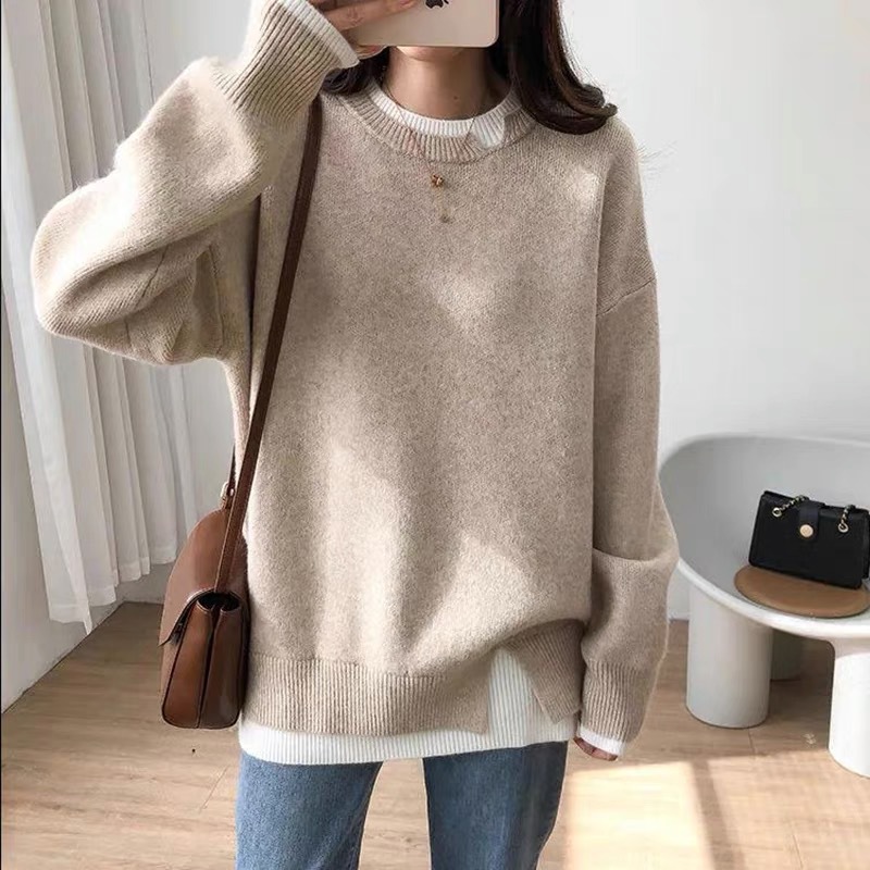 GraceChic GraceChic GraceChic 2021 Two-Piece Knitted Autumn Winter New Korean Version Age-Reducing Loose Soft Casual Color-Block Sweater Coat For_voghion.com